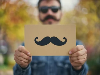 Muž s knírem drží karton s obrázkem kníru – symbol prevence rakoviny prostaty a kampaně Movember.