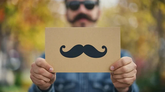 Muž s knírem drží karton s obrázkem kníru – symbol prevence rakoviny prostaty a kampaně Movember.